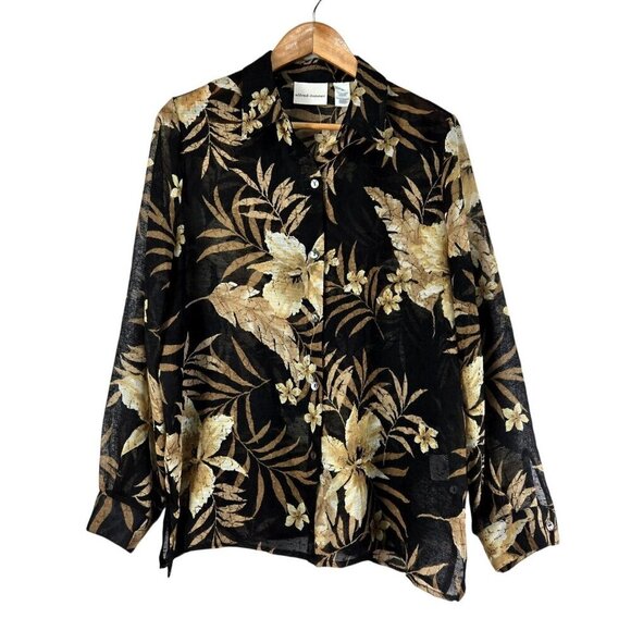 Alfred Dunner Womens Shirt Black Tan Floral 12 Woven Fabric Semi Sheer Tropical - Picture 2 of 11